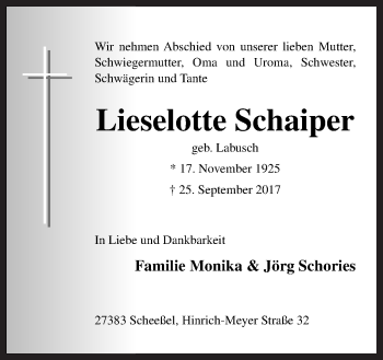 Traueranzeige von Lieselotte Schaiper von Neue Osnabrücker Zeitung GmbH & Co. KG