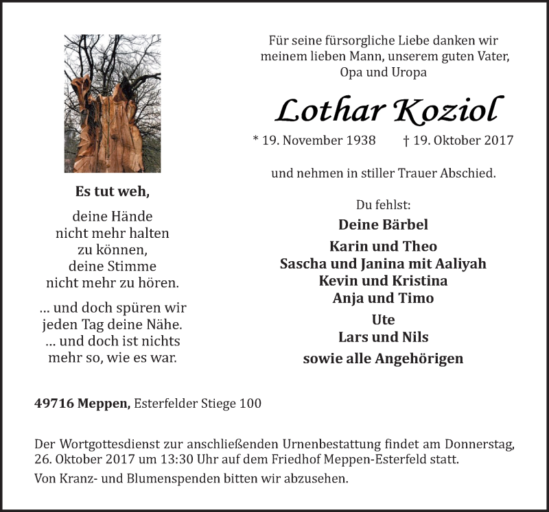  Traueranzeige für Lothar Koziol vom 23.10.2017 aus Neue Osnabrücker Zeitung GmbH & Co. KG