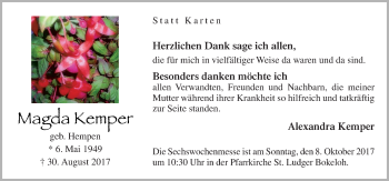 Traueranzeige von Magda Kemper von Neue Osnabrücker Zeitung GmbH & Co. KG