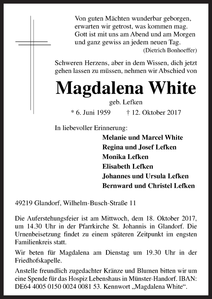  Traueranzeige für Magdalena White vom 16.10.2017 aus Neue Osnabrücker Zeitung GmbH & Co. KG