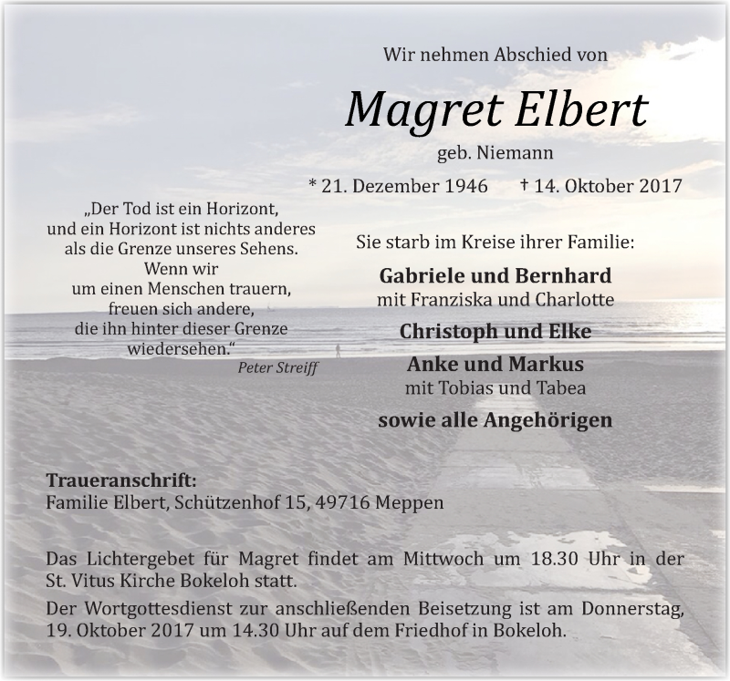  Traueranzeige für Magret Elbert vom 16.10.2017 aus Neue Osnabrücker Zeitung GmbH & Co. KG