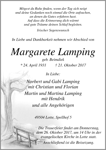 Traueranzeige von Margarete Lamping von Neue Osnabrücker Zeitung GmbH & Co. KG