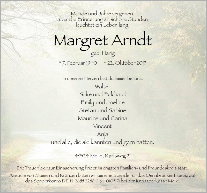  Traueranzeige für Margret Arndt vom 25.10.2017 aus Neue Osnabrücker Zeitung GmbH & Co. KG