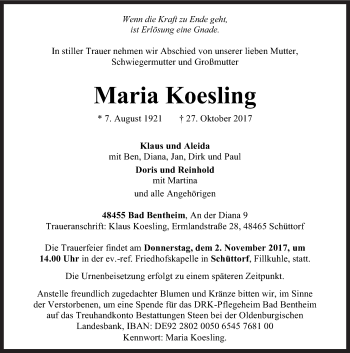 Traueranzeige von Maria Koesling von Neue Osnabrücker Zeitung GmbH & Co. KG