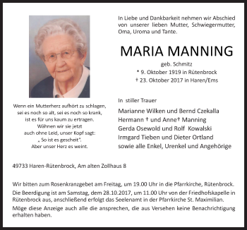 Traueranzeige von Maria Manning von Neue Osnabrücker Zeitung GmbH & Co. KG