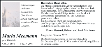 Traueranzeige von Maria Meemann von Neue Osnabrücker Zeitung GmbH & Co. KG