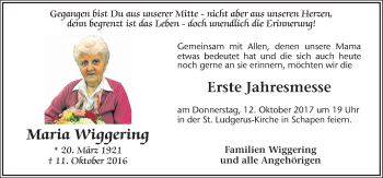 Traueranzeige von Maria Wiggering von Neue Osnabrücker Zeitung GmbH & Co. KG