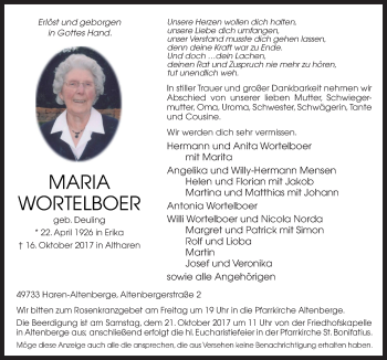 Traueranzeige von Maria Wortelboer von Neue Osnabrücker Zeitung GmbH & Co. KG