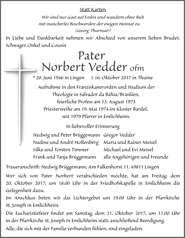  Traueranzeige für Norbert Vedder vom 19.10.2017 aus Neue Osnabrücker Zeitung GmbH & Co. KG