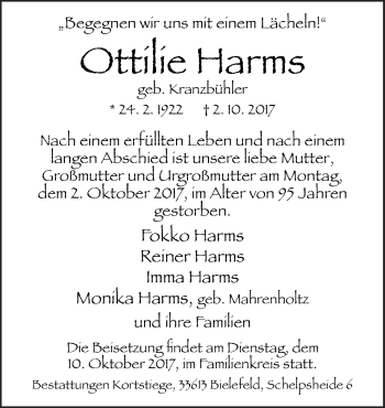 Traueranzeige von Ottilie Harms von Neue Osnabrücker Zeitung GmbH & Co. KG