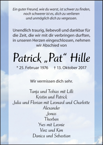 Traueranzeige von Patrick Hille von Neue Osnabrücker Zeitung GmbH & Co. KG