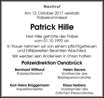 Traueranzeige von Patrick Hille von Neue Osnabrücker Zeitung GmbH & Co. KG