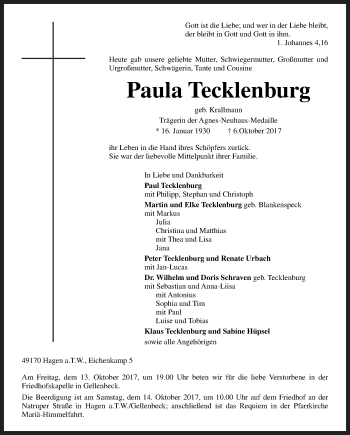 Traueranzeige von Paula Tecklenburg von Neue Osnabrücker Zeitung GmbH & Co. KG