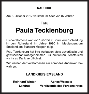 Traueranzeige von Paula Tecklenburg von Neue Osnabrücker Zeitung GmbH & Co. KG