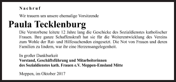 Traueranzeige von Paula Tecklenburg von Neue Osnabrücker Zeitung GmbH & Co. KG