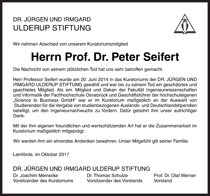  Traueranzeige für Peter Seifert vom 28.10.2017 aus Neue Osnabrücker Zeitung GmbH & Co. KG
