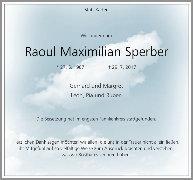  Traueranzeige für Raoul Maximilian Sperber vom 07.10.2017 aus Neue Osnabrücker Zeitung GmbH & Co. KG