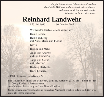 Traueranzeige von Reinhard Landwehr von Neue Osnabrücker Zeitung GmbH & Co. KG