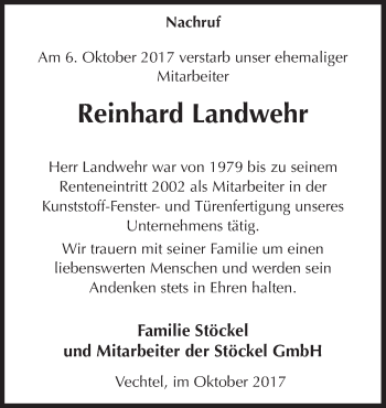 Traueranzeige von Reinhard Landwehr von Neue Osnabrücker Zeitung GmbH & Co. KG