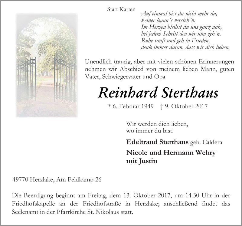  Traueranzeige für Reinhard Sterthaus vom 12.10.2017 aus Neue Osnabrücker Zeitung GmbH & Co. KG