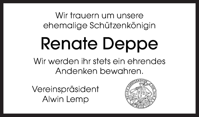  Traueranzeige für Renate Deppe vom 07.10.2017 aus Neue Osnabrücker Zeitung GmbH & Co. KG