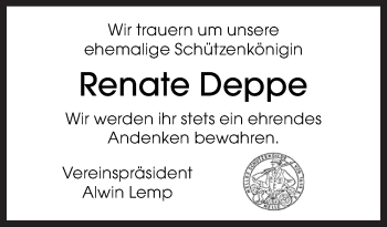Traueranzeige von Renate Deppe von Neue Osnabrücker Zeitung GmbH & Co. KG