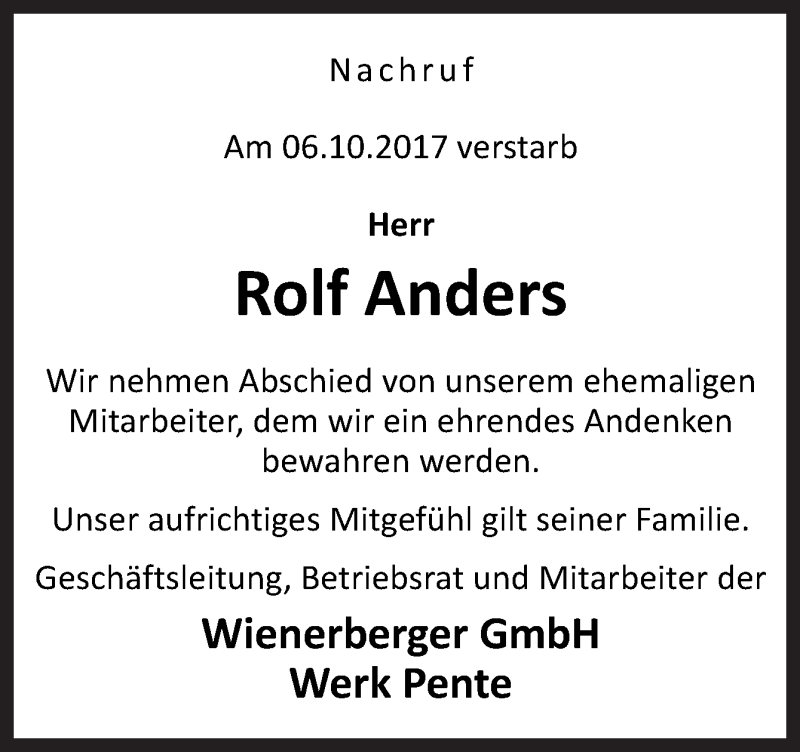  Traueranzeige für Rolf Anders vom 25.10.2017 aus Neue Osnabrücker Zeitung GmbH & Co. KG