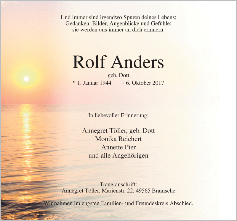  Traueranzeige für Rolf Anders vom 19.10.2017 aus Neue Osnabrücker Zeitung GmbH & Co. KG