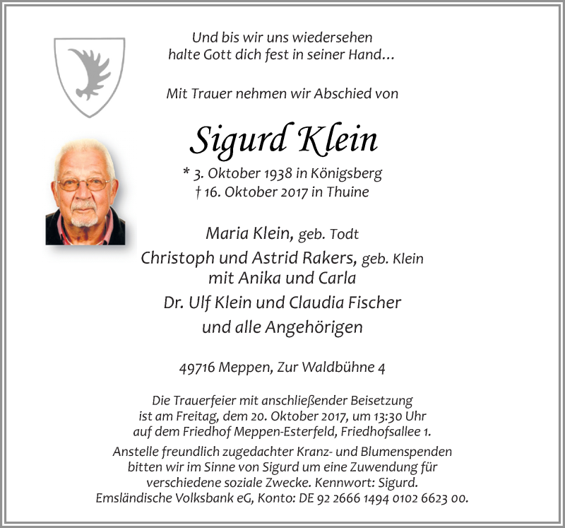  Traueranzeige für Sigurd Klein vom 18.10.2017 aus Neue Osnabrücker Zeitung GmbH & Co. KG