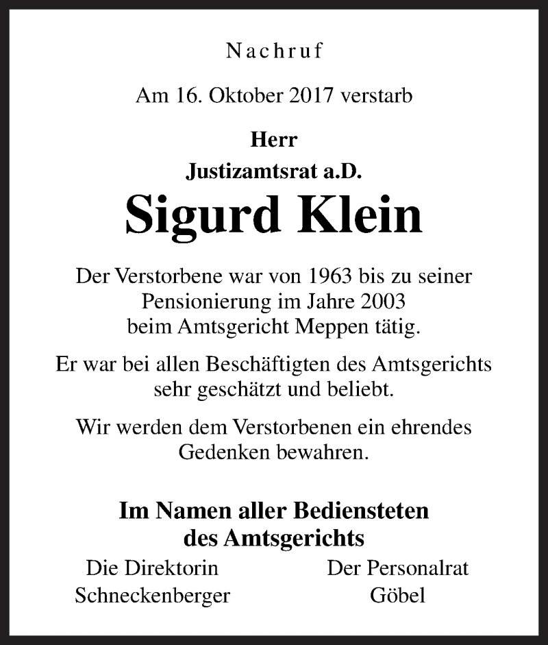  Traueranzeige für Sigurd Klein vom 20.10.2017 aus Neue Osnabrücker Zeitung GmbH & Co. KG