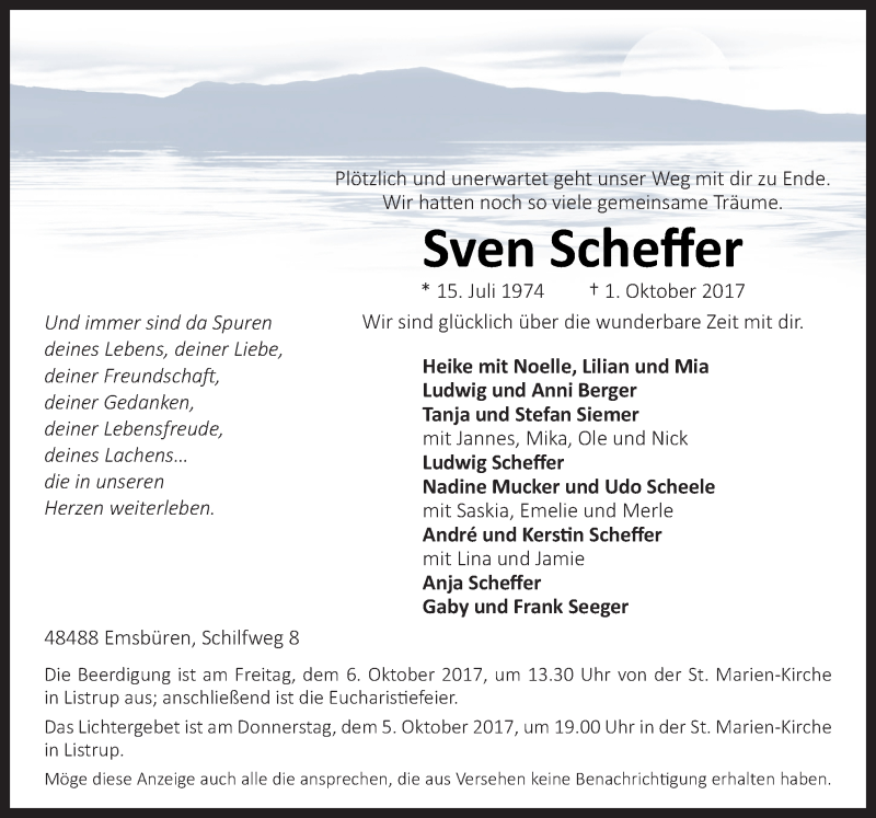  Traueranzeige für Sven Scheffer vom 04.10.2017 aus Neue Osnabrücker Zeitung GmbH & Co. KG