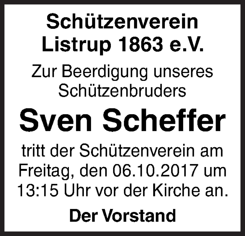  Traueranzeige für Sven Scheffer vom 05.10.2017 aus Neue Osnabrücker Zeitung GmbH & Co. KG
