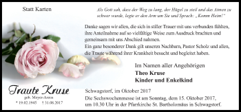 Traueranzeige von Traute Kruse von Neue Osnabrücker Zeitung GmbH & Co. KG