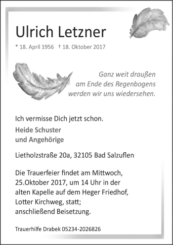 Traueranzeige von Ulrich Letzner von Neue Osnabrücker Zeitung GmbH & Co. KG