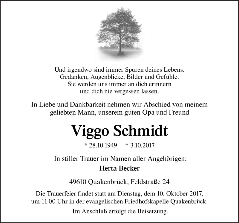  Traueranzeige für Viggo Schmidt vom 07.10.2017 aus Neue Osnabrücker Zeitung GmbH & Co. KG