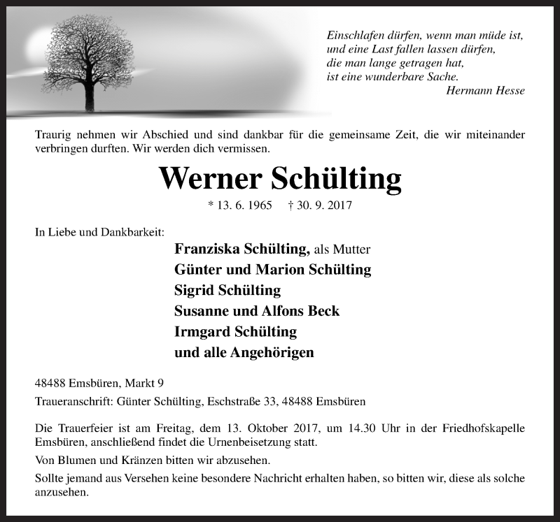  Traueranzeige für Werner Schülting vom 10.10.2017 aus Neue Osnabrücker Zeitung GmbH & Co. KG