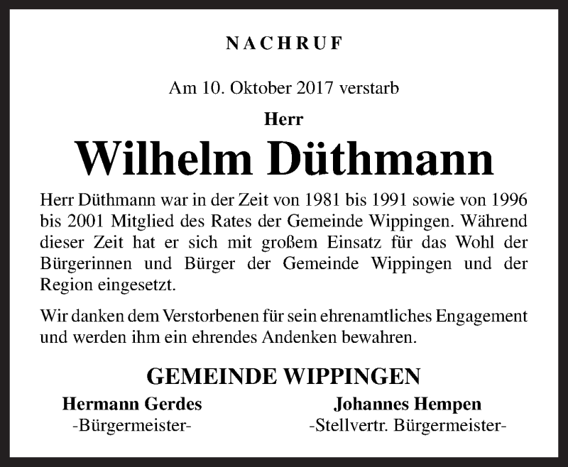  Traueranzeige für Wilhelm Düthmann vom 12.10.2017 aus Neue Osnabrücker Zeitung GmbH & Co. KG