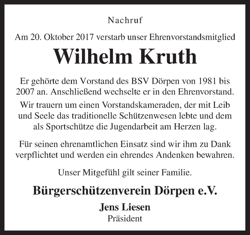  Traueranzeige für Wilhelm Kruth vom 26.10.2017 aus Neue Osnabrücker Zeitung GmbH & Co. KG