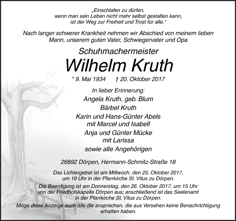  Traueranzeige für Wilhelm Kruth vom 23.10.2017 aus Neue Osnabrücker Zeitung GmbH & Co. KG