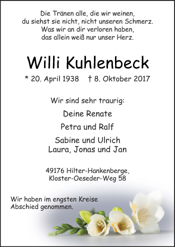 Traueranzeige von Willi Kuhlenbeck von Neue Osnabrücker Zeitung GmbH & Co. KG