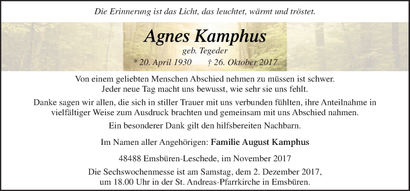  Traueranzeige für Agnes Kamphus vom 29.11.2017 aus Neue Osnabrücker Zeitung GmbH & Co. KG