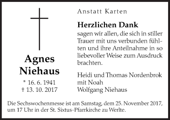 Traueranzeige von Agnes Niehaus von Neue Osnabrücker Zeitung GmbH & Co. KG