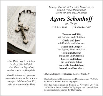 Traueranzeige von Agnes Schonhoff von Neue Osnabrücker Zeitung GmbH & Co. KG