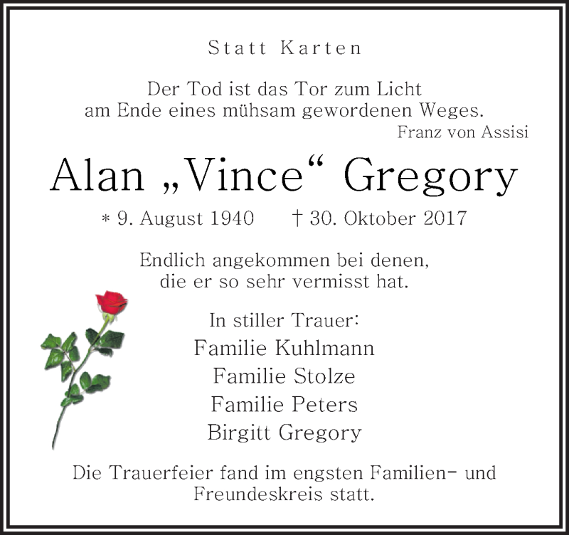  Traueranzeige für Alan Gregory vom 10.11.2017 aus Neue Osnabrücker Zeitung GmbH & Co. KG