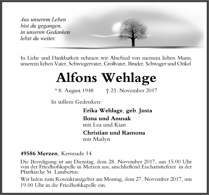  Traueranzeige für Alfons Wehlage vom 25.11.2017 aus Neue Osnabrücker Zeitung GmbH & Co. KG