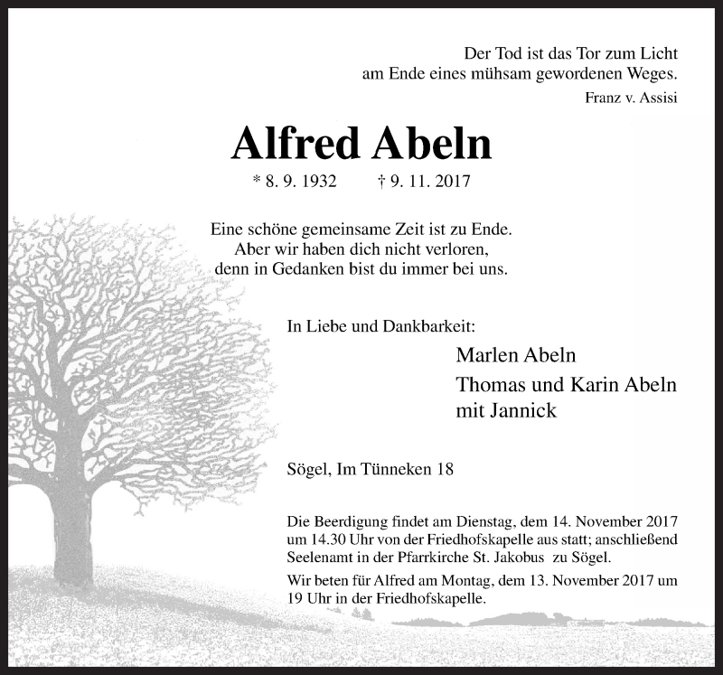  Traueranzeige für Alfred Abeln vom 11.11.2017 aus Neue Osnabrücker Zeitung GmbH & Co. KG