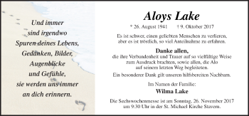 Traueranzeige von Aloys Lake von Neue Osnabrücker Zeitung GmbH & Co. KG