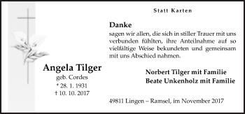 Traueranzeige von Angela Tilger von Neue Osnabrücker Zeitung GmbH & Co. KG