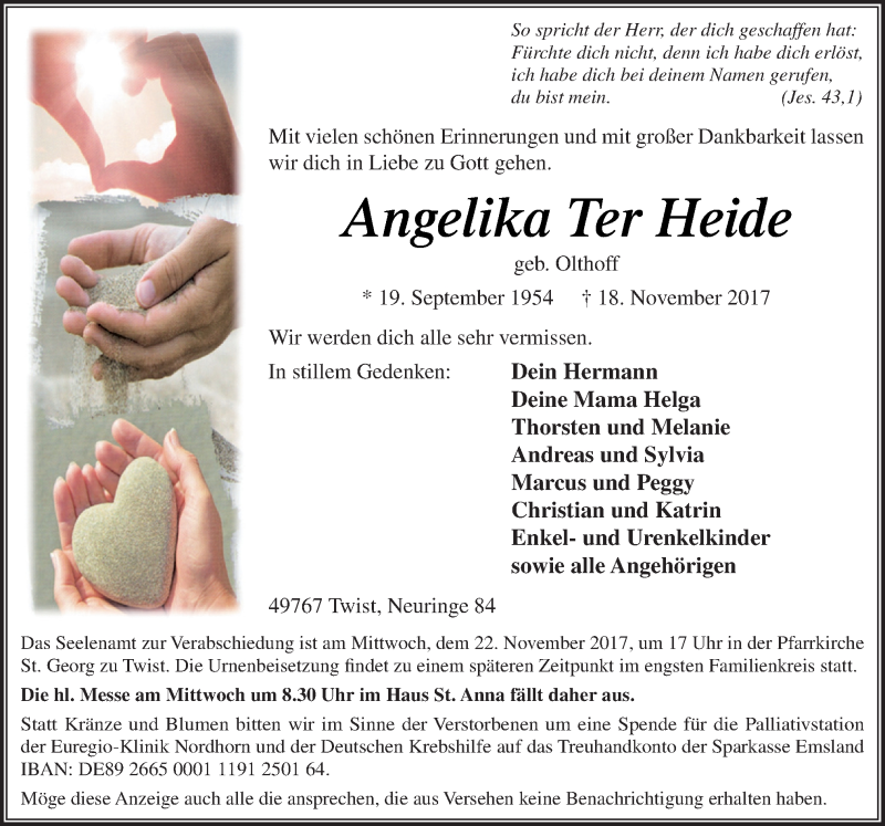  Traueranzeige für Angelika  Ter Heide vom 21.11.2017 aus Neue Osnabrücker Zeitung GmbH & Co. KG