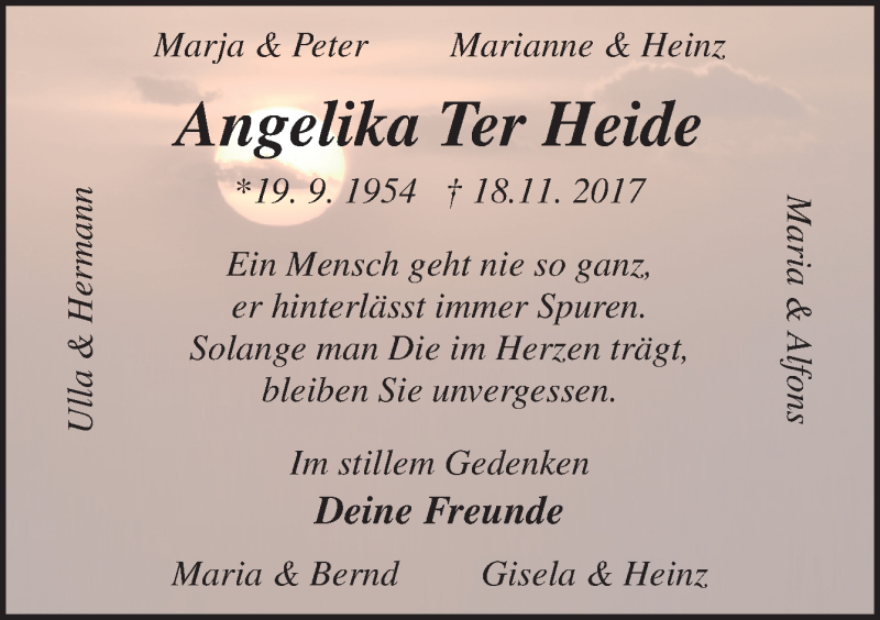  Traueranzeige für Angelika  Ter Heide vom 22.11.2017 aus Neue Osnabrücker Zeitung GmbH & Co. KG